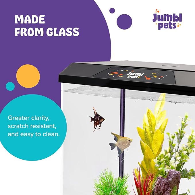 JumblPets Starter Fish Aquarium Kit, 4 Gallon, Complete Beginner Glass Fish Tanks Set with LED Lighting, Internal Filtration System, Filter Media Set, Hood & Lid, Ideal for Freshwater and Marine Fish