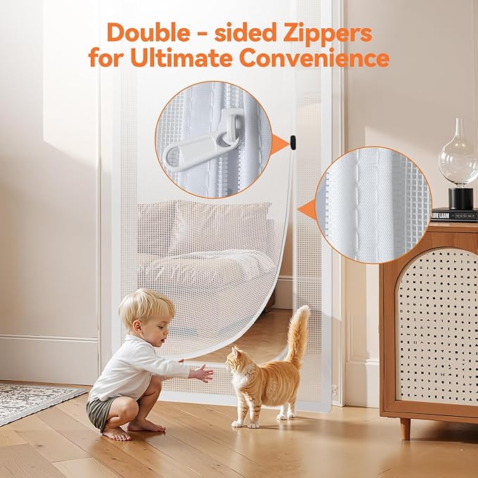 BFNN Cat Screen Door, Extra Tall Cat-Proof Mesh Gate, Fit Door Size 32'' x 80'', Anti-Cat Scratch Mesh with Zipper Closure, for Living Room, Kitchen, Bedroom (White)