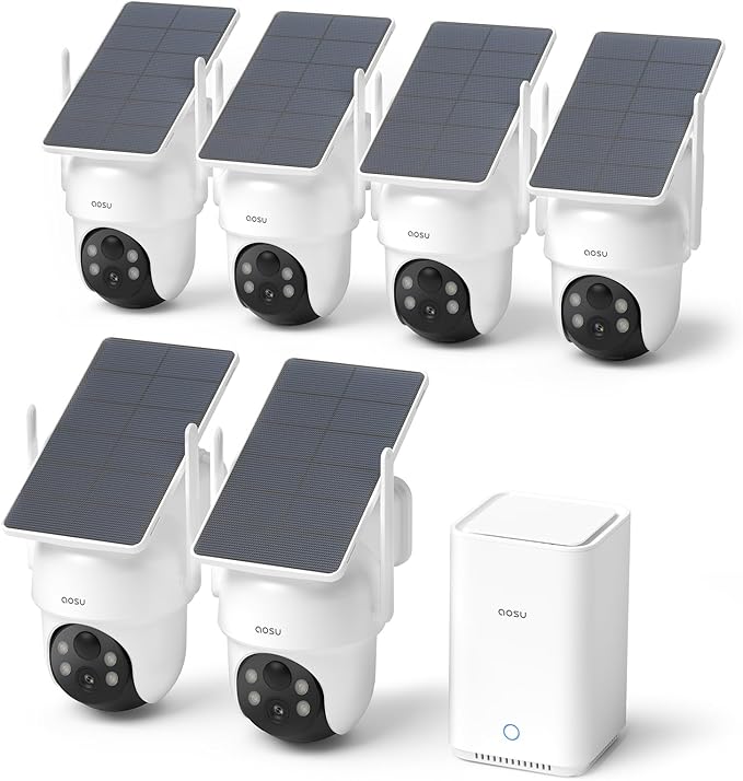 aosu Security Cameras Wireless Outdoor, 6-Cam Kit, No Subscription, aosuBase Expandable to 1TB (32GB Built-in), 5MP Solar Camera Wireless Outdoor, 360° Pan & Tilt, Human Auto Tracking, Easy Setup