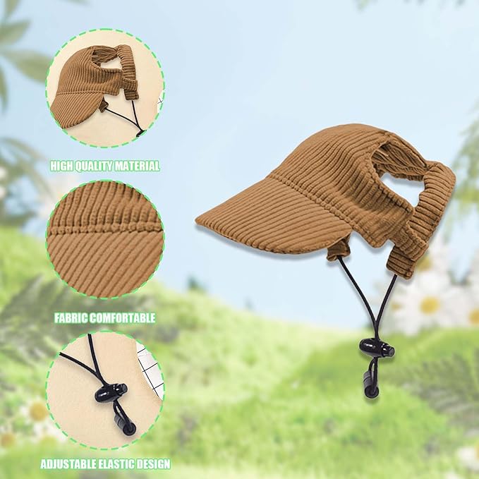Dog Baseball Cap, Dog Cat Summer Beach Visor Hat with Ear Holes, Adjustable Puppy Sunbonnet Headdress (Brown, X-Small)