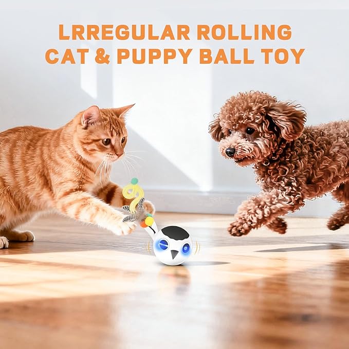 Cat Toys, Interactive Kitten Toys Indoor Cats, USB Rechargeable Electronic Smart Exercise Toy, Motion Activated Fast Moving Chirping Stimulating Light, 2 Feather Tails (White)