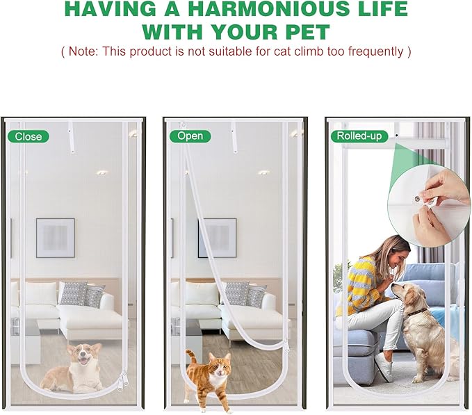 Reinforced Cat Screen Door, 40X84” Heavy Duty Pets Proof Screen Door with Bilateral Zipper, Prevent Dogs Cats Running Out from Home, Bedroom, Living Room, Kitchen Patio Door (White)