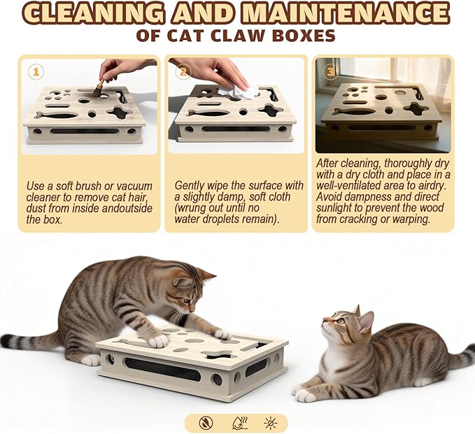 Cat Scratch Puzzle Enrichment Box, Large Solid Wood Construction Cat Nail File Enrichment Box with Sandpaper Inside, Cat Nail File Box Stress Free Alternative to Clippers and Grinders(No Bell Ball)