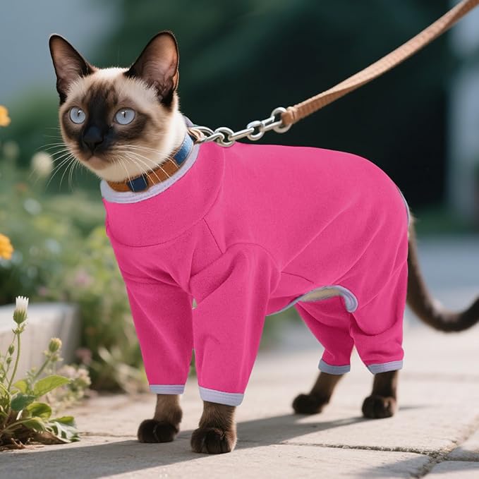 DENTRUN Cat Clothes for Hair Control with Hair Sticky Fabric - Soft Recovery Suit & Breathable Lint-Resistant Cat Sweater for Cats Only, Kitten Onesie Pajamas, XS, Bright Pink