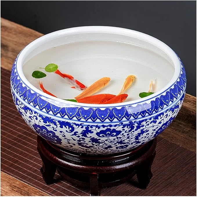 Fish Tabk Ceramic Goldfish Bowl Fish Tank Hand-Painted Desktop Large Lucky Turtle Tank Narcissus Lotus Pot Tank Aquarium Starter Kits Cool Fish Tank(Color:D,Size:24cm)