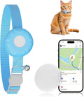 GPS Tracker for Cats, Compatible with Apple Find My App (Only iOS), No Monthly Fee Cat Tracker, Waterproof (White Tracker, Blue Cat Collar)