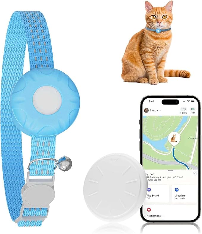 Cat Tracker, GPS Tracker Compatible with Apple Find My App(Only iOS), Waterproof Cat Tracker Collar with Bell and Safety Elastic Buckle, No Monthly Fee, Pet Trackers for Vehicles, Pets, Kids,Blue