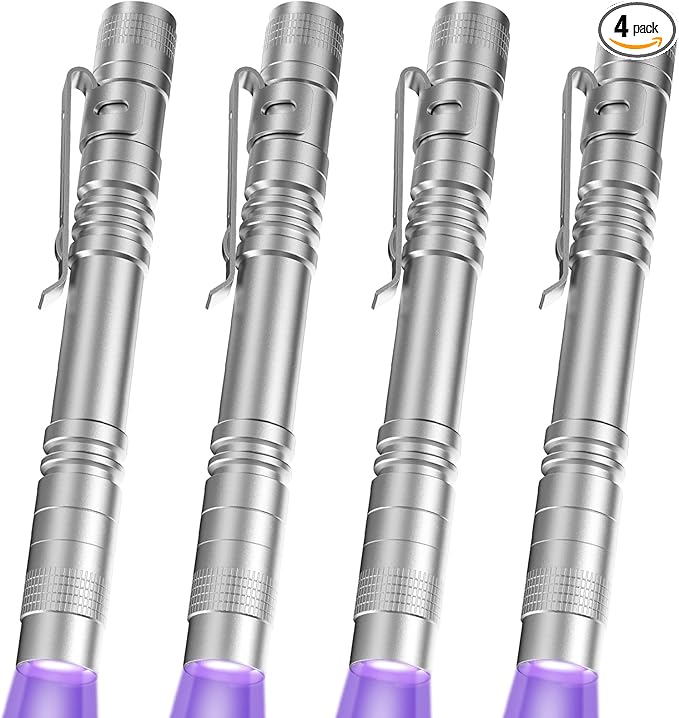 COSOOS UV Black Light Flashlights, 4 Pack 395nm Mini Pen Lights with Clip, Waterproof Ultraviolet Flashlights for AC Leak, Pet Urine, Scorpion, Hotel Inspection, Dry Stain and Bed Bug(Silver)