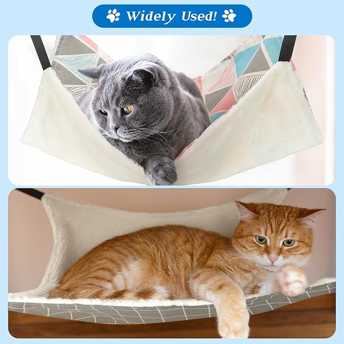 Jetec 2 Pack Cat Hammock for Cage, Catio Accessories Reversible Soft Cats Bed with Adjustable Straps and Hooks Double-Sided Linen and Fleece Hanging Hammock for Cats, Kitten(Geometry Pattern,M)