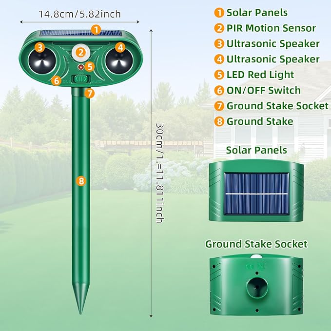 2 Pack Solar Ultrasonic Animal Repeller Outdoor with Motion Sensor Deer Repellent Devices for Squirrel Repellent Cat Rabbit Skunk Coyote Raccoon Repellent Outdoor Fox Deterrent for Yard
