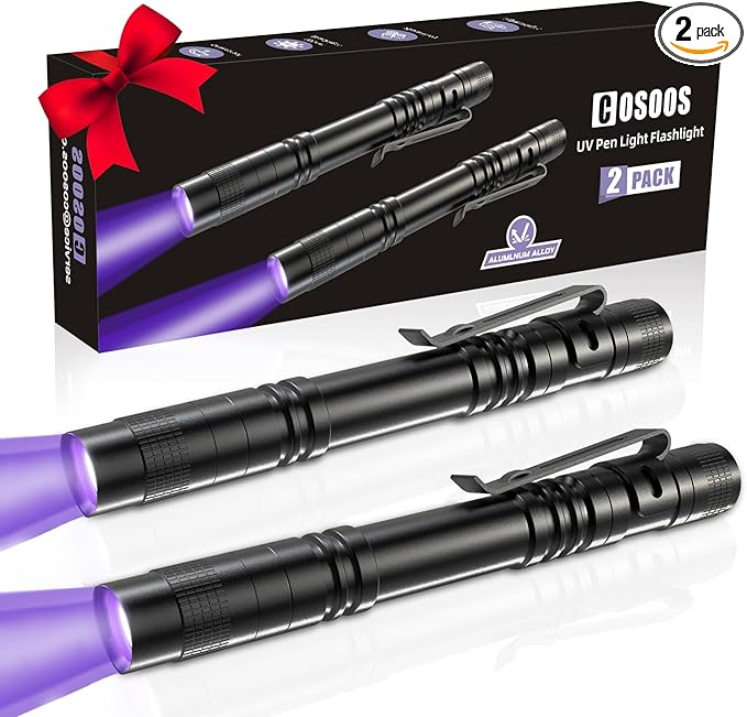 COSOOS 2 UV Black Light Flashlight, 2 Pack 395nm Mini Pen Light with Clip, Waterproof Ultraviolet Flashlight for Leak, Pet Urine, Scorpion, Hotel Inspection, Dry Stain and Bed Bug.