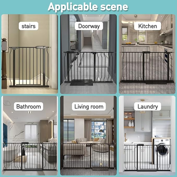 WAOWAO Baby Gate 71.65-76.38" Extra Wide Pressure Mounted Walk Through Swing Auto Close Safety Black Metal Toddler Kids Child Dog Pet Puppy for Stairs,Doorways,Kitchen