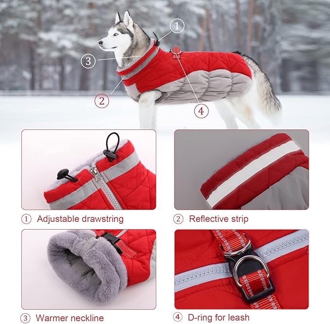 Lelepet Dog Coat Warm Dog Winter Coat Waterproof Dogs Jacket with Harness Built in Reflective Pet Fleece Vest Zip-Up Cold Weather Coats for Large Dogs Turtleneck & Windproof Coats Boston Terrier Red L