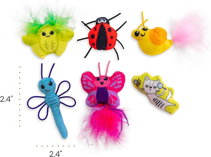 Catstages Cute as a Bug Cat Toys, 6-Pack Interactive Catnip Plush Toys with Crinkle, Feathers & Dental Mesh, Multicolored