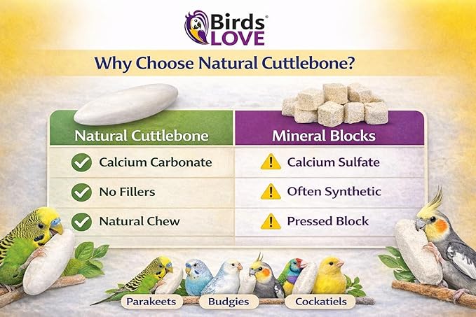 Birds LOVE 3.5-4″ Cuttlebones for Birds – 100% Natural Sun-Dried Calcium Carbonate Mineral Supplement – for Parakeets, Budgies, Cockatiels, Finches & Canaries – 12 Pack with Holder – Made in Vietnam