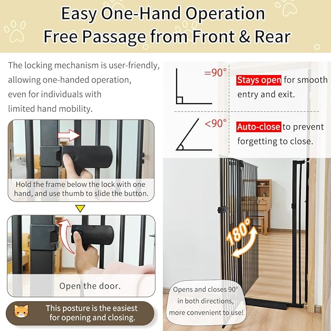 Lumizone Extra Tall Cat Gate 61.02" High Pressure Mounted Extra Wide 2025 New (17 Sizes) 1.37" Gap No Drilling Auto-Close One-Handed Operation Tall Pet Gate for Dogs(Black, 61.02" H x 29.92"-34.24" W)