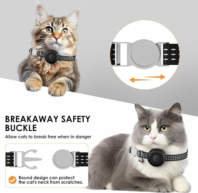 Cat Tracker, Waterproof Pet Tracker for Cats, Cat GPS Tracker Collar with Safety Elastic Buckle, Compatible with Apple Find My App (Only iOS), No Monthly Fee (Black Tracker, Black Cat Collar)