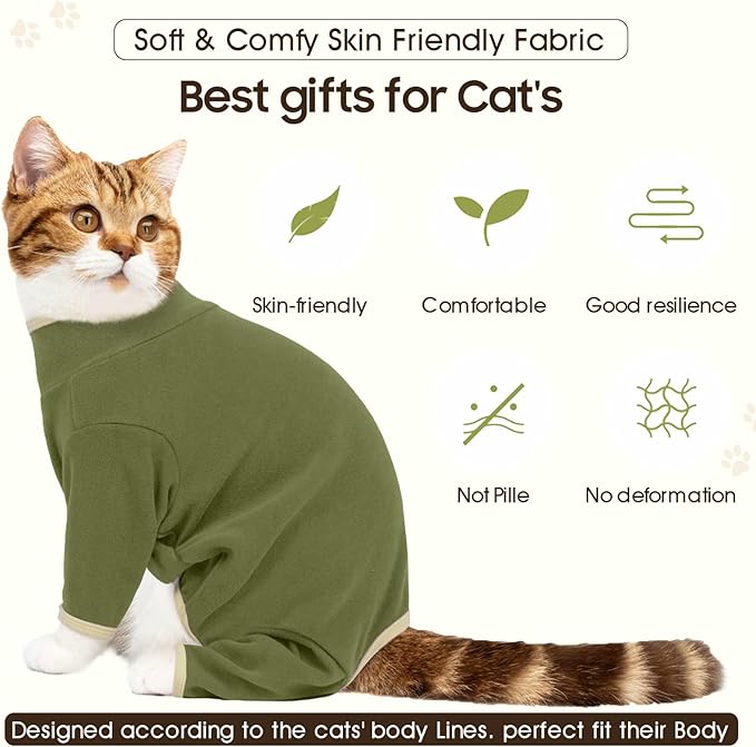 DENTRUN Cat Clothes for Hair Control with Hair Sticky Fabric - Soft Recovery Suit & Breathable Lint-Resistant Cat Sweater for Cats Only, Kitten Onesie Pajamas, S, Army Green