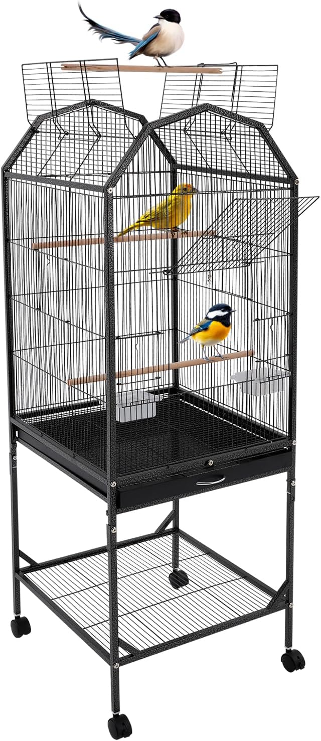 Bird Cage with Stand Rolling Wheels 18x18x54 Inch for Medium Small Birds, Open Top Metal Cockatiel Parrot Cage with Removable Tray Storage Shelf for Parakeets Lovebirds Finches (Black)