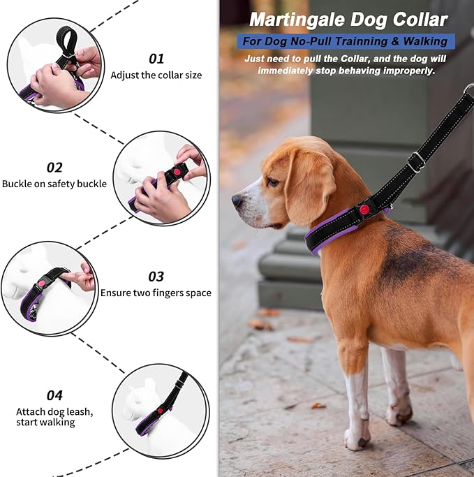 Martingale No Pull Dog Collar - Heavy Duty Nylon With Buckle, Adjustable Anti Pull Reflective Slip for Large Medium Small Dog Training Walking S Purple