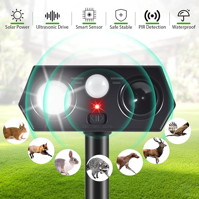 2026 New Racoon Squirrel Sonic Fortress Pro Cat Repellent Outdoor, Solar Ultrasonic Animal Repeller Deer Deterrent with Motion Sensor&Light to Scare Rabbit Skunk Dog Out of Garden Farm Yard(4Pack)
