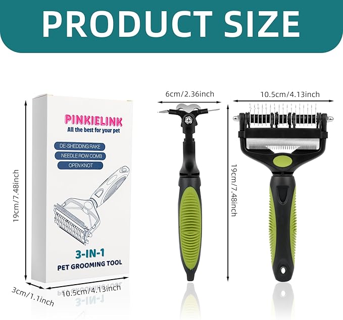 3-IN-1 Pet Grooming Tool - Undercoat Rake, Dematting Comb & Deshedding Brush for Cats & Dogs - Removes Mats, Tangles & Loose Fur, Reduces Shedding & Prevents Hair Mess (Green)