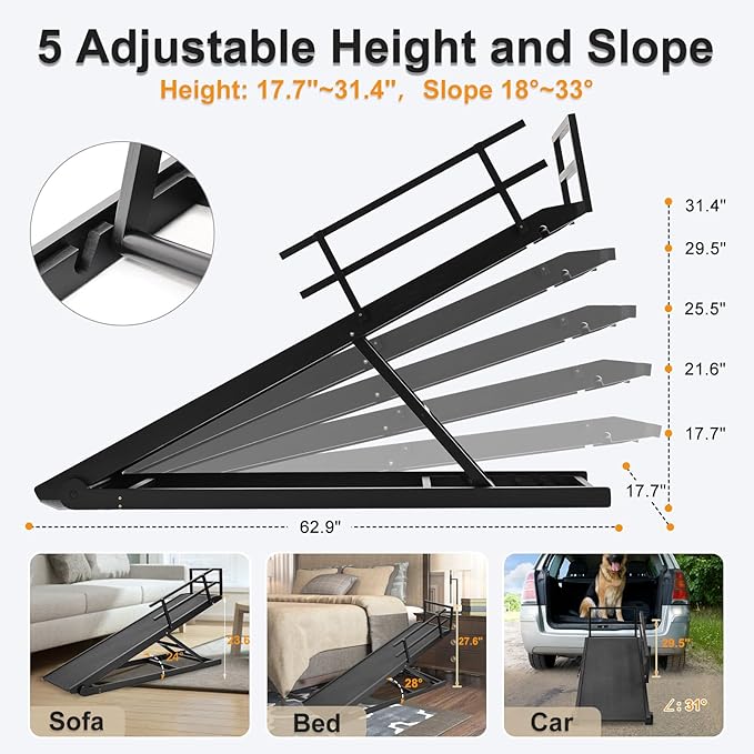 Dog Ramp for Bed, Dogs Bed Ramps for Large Dogs, Pet Ramp for Doggie to Get on Beds, 5-Position Pet Ramps for Large/Medium Dog for Couch/Car, Adjustable from 17" to 32" Height