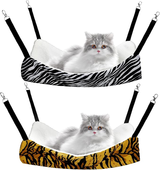 Jetec 2 Pack Cat Hammock for Cage, Catio Accessories Reversible Soft Cats Bed with Adjustable Straps and Hooks Double-Sided Linen and Fleece Hanging Hammock for Cats, Kitten(Zebra, Tiger Stripes,L)