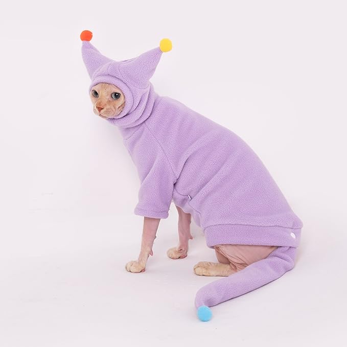 Sphynx Cat Clothes, Warm Cat Jumpsuit with Hat and Tail Cover, Full Set for Hairless Cats, Cornish Rex and Devon Rex (Purple, XXL(10-11lbs))