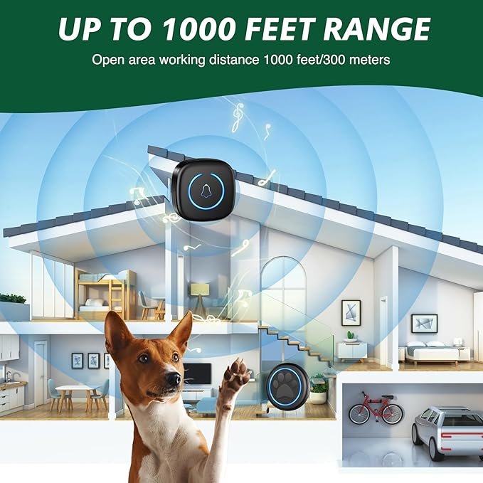 Dog Door Bell for Potty Training, Smart Wireless Doggie Doorbell to Go Outside, 1000 Feet Long Range with IP65 Waterproof Super-Light Touch Button, 60 Melodies & Adjustable Volume (2 Button)
