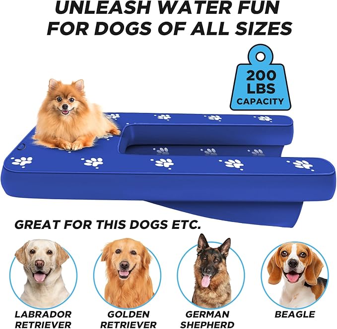 Inflatable Dock Platform, Dog Boat Ramp Floating Non-Slip Oxford and PVC with Water Ramp for Dogs Pool, Dock, Lake,Boat, with Traction Rope, Inflation Pump Blue (4.6ft x 3ft x 6in) Dark Blue