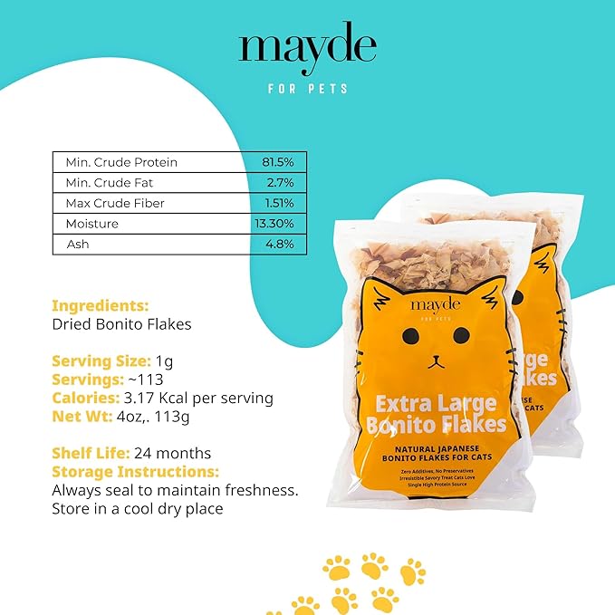 Mayde Bonito Flakes for Cats & Dogs - 100% Natural High-Protein Fish Treats for Cats & Dogs - Extra Large Dried Bonito Flakes - 4 oz Bag