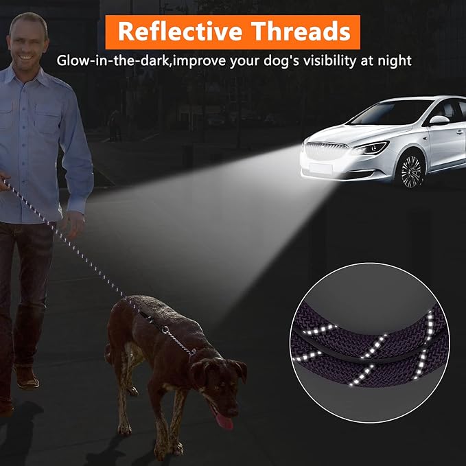 NTR Strong Dog Leash - 15FT Reflective Purple Rope with Swivel Lockable Hook and Padded Handle, Cat & Dog Leash for Small to Large Dogs, Training, Playing, Camping, or Backyard