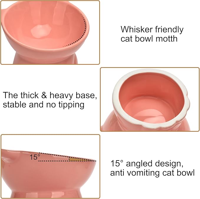 Elevated Cat Food Bowl,9 Oz Ceramic Raised and Tilted Water Bowl,Anti Vomiting and Protect Pets Spines Dishes for Fat Faced Cat, Indoor Cats,Kitten,Small Dog (White)
