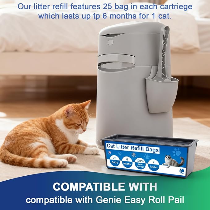 Cat Litter Refill Bags Compatible with Genie Easy Roll Bin, 7-Layer Odor Control, Leak-Proof & Easy Tear, Unscented, 2-Pack (50 Bags Total)