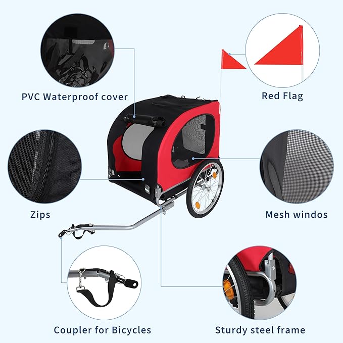 【Upgraded】 Dog Bike Trailer for Medium Large Dogs - Convertible to Jogging Stroller, 88Lbs Capacity, Waterproof & Ventilated Design with Safety Flag, Universal Hitch for 20-29" Bikes