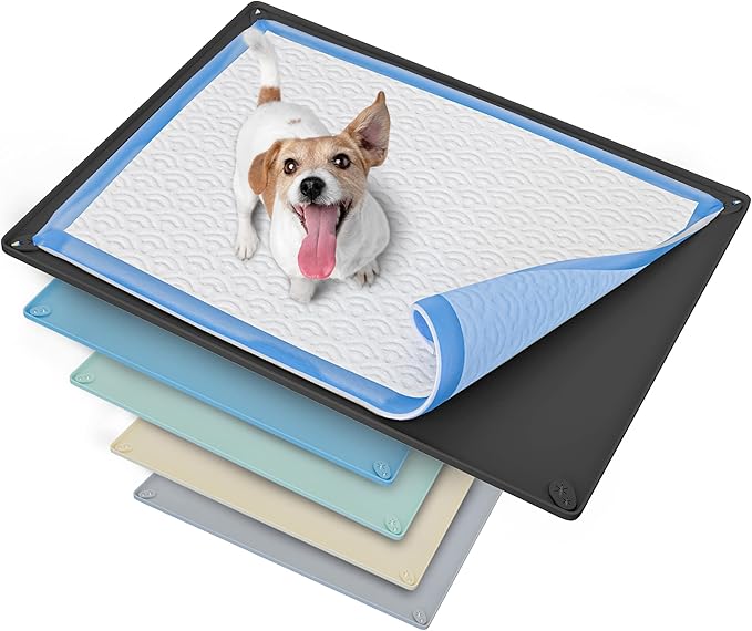 TidyFriend Dog Pee Pad Holder Tray Fits for 30” x 23” Pee Pads with Corner Lock Holes, Raised Edges, Non-Spill, Easy to Clean Silicone Dog Potty Tray Holder, For Indoor Floor Protection (Black)