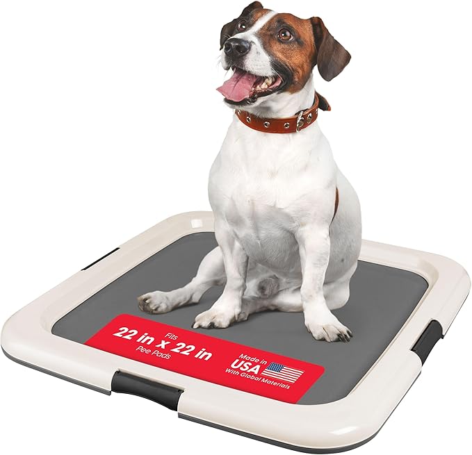 IRIS USA Pee Pad Holder - For Regular Sized Dog and Puppy Pee Pads, Secured Latches, Non-Skid Feet, High Polish Finish for Easy Cleaning, Leak Protection, Fits 22"x22" Pad or Larger, Square, Dark Gray