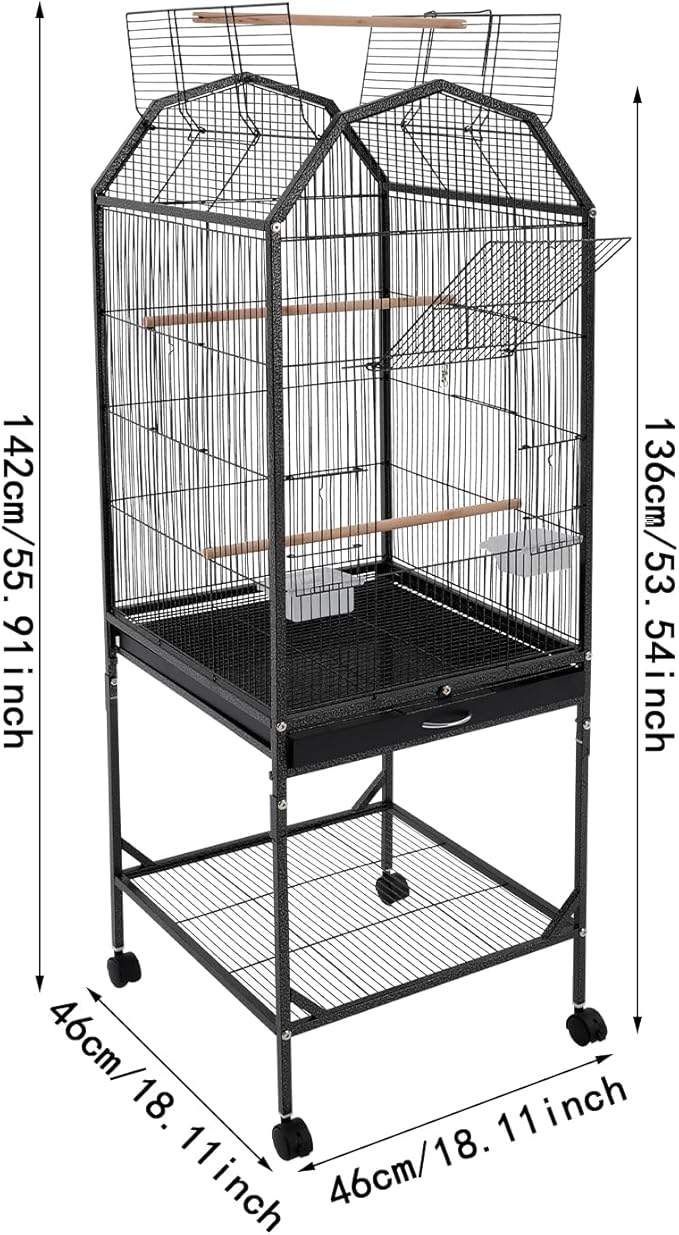 Bird Cage, Open Top and Rolling Stand Medium Small Bird Cage, Bird Cages with Universal Wheels for Parrots, Budgerigars, Parakeets, Cockatiels, Lovebirds, 18 x 18 x 53.9 Inch (Black)