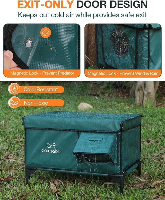Indestructible Heated Cat House for Outside Winter, 100% Waterproof, Safe Escape Door, Insulated Outdoor Cat Shelter with Heater for Feral Barn Cat Kitty (Forest Green, 27"x17"x18")