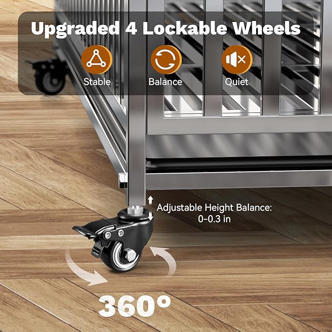 42" Heavy Duty Dog Crate, Escape Proof Stainless Steel Dog Kennel with Top Opening, 4 Lockable Wheels, Easy Clean Metal Dog Cage for Large/High Anxiety Dogs