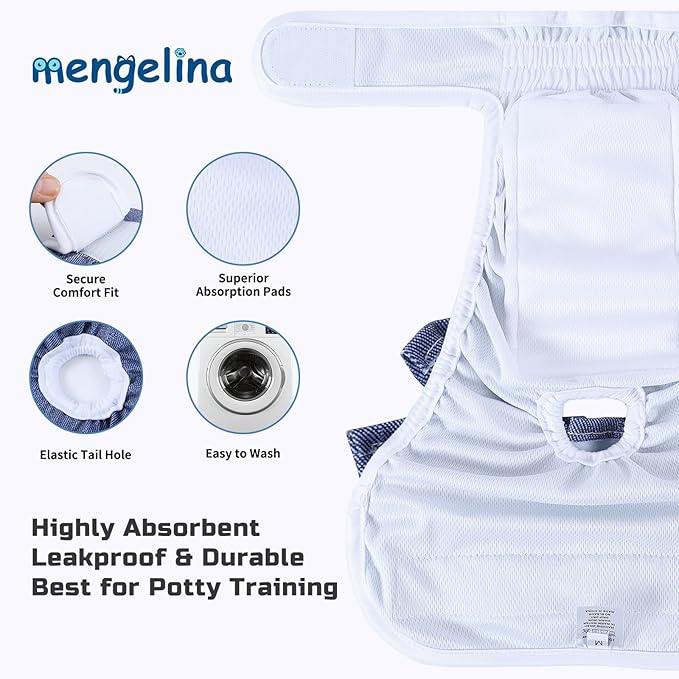 Reusable Dog Diapers Female 3 Pack Doggie Diapers for Period Heat Incontinence Puppy Training (X-Small, Jeans)