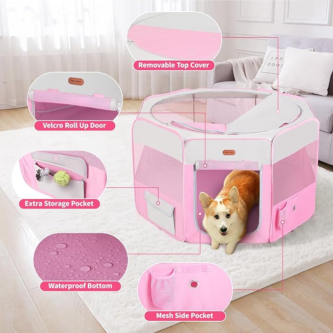Dog Playpen, Portable Pet Playpen, Puppy Playpen, Cat Playpen with Carrying Case, Dog Playpen for Small Dogs Indoor/Outdoor, Removable Mesh Shade Cover, Pink XL