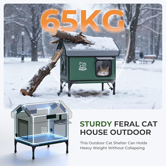 Apasiri Heated Cat House Weatherproof - Insulated Outdoor Cat Shelter with Thermostatic Heating Pad, Water Resistant 900D Oxford Feral Cat House with Anti-Peep Curtains Escape Door for Winter, Medium