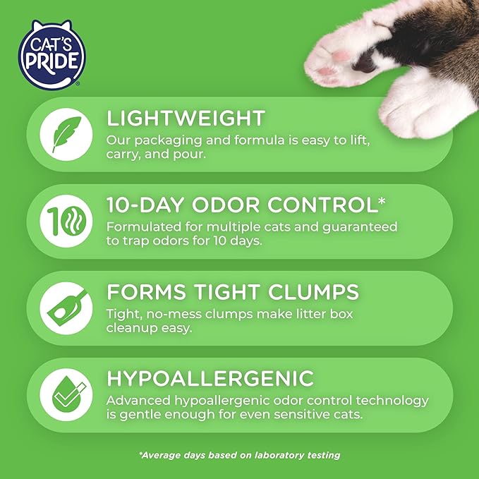 Cat's Pride Premium Lightweight Clumping Litter: Complete Care - Up to 10 Days of Powerful Odor Control - Hypoallergenic - Multi-Cat, Unscented, 10 Pounds