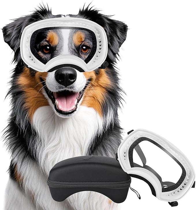 Dog Sunglasses UV Protection Clear Dog Goggles Windproof Glasses with Elastic Straps for Medium-Large Breed, White Frame + Clear Lens