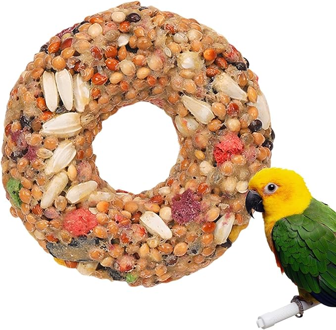 Bird Treats - Parakeet Toys, Grain Teether Supplies | Donut Shape Chewing Snack, Foraging Training Activity Enrichment with Aviary Accessories for Lovebirds, Cockatiels, Budgies and Small Parrots