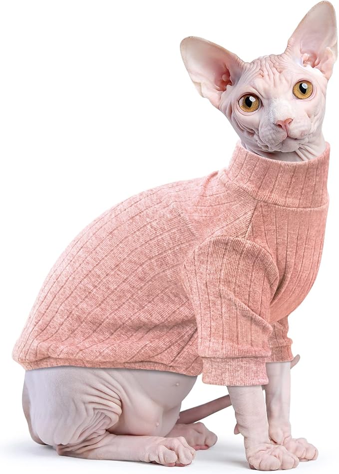 Idepet Sphynx Hairless Cats Sweater Shirt Kitten Soft Puppy Clothes Pullover Cute Cat Pajamas Jumpsuit Cotton Apparel Pet Winter Turtleneck for Cats and Teacup Chihuahua Small Dogs(Pink,S)