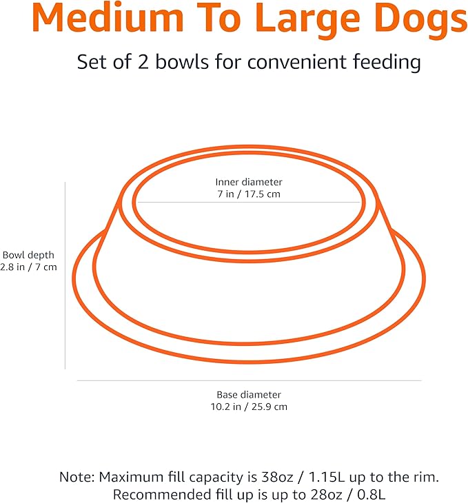 Amazon Basics Stainless Steel Non-Skid Pet Dog Water And Food Bowl, 2-Pack (10 x 2.8 Inches), Each Holds Up to 38oz