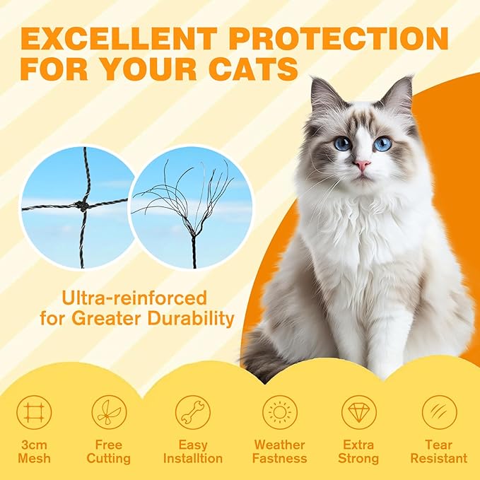 Steel Reinforced Cat Netting for Balcony Anti-Fall Fence Safety Net, Extra Strong Cat Net for Catio Safety Cat Balcony Netting for Pets Cat Proof Screen Pet Net Cat Balcony Protection Barrier10FTx33FT